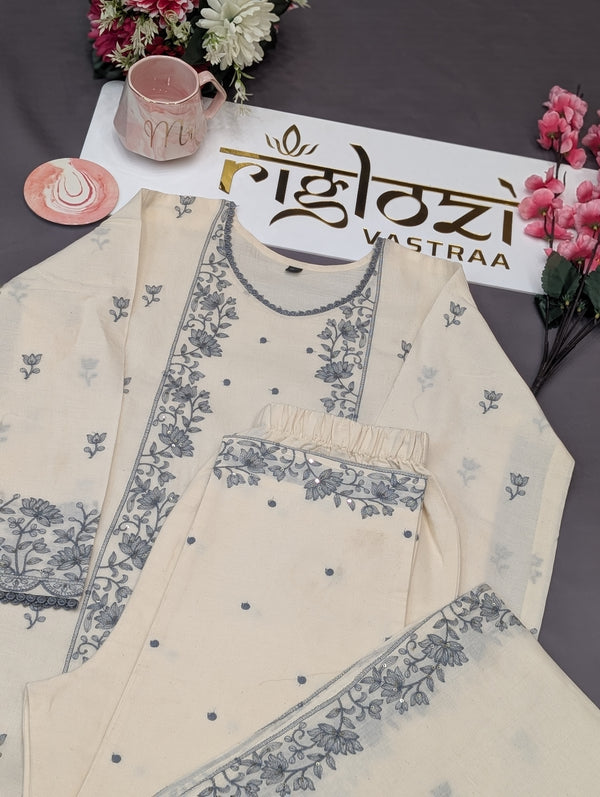 Royal Ethnic Off-White Kurta Set with Intricate Thread Work.Pastel Perfection Floral Embrodaried Kurta Set for Women