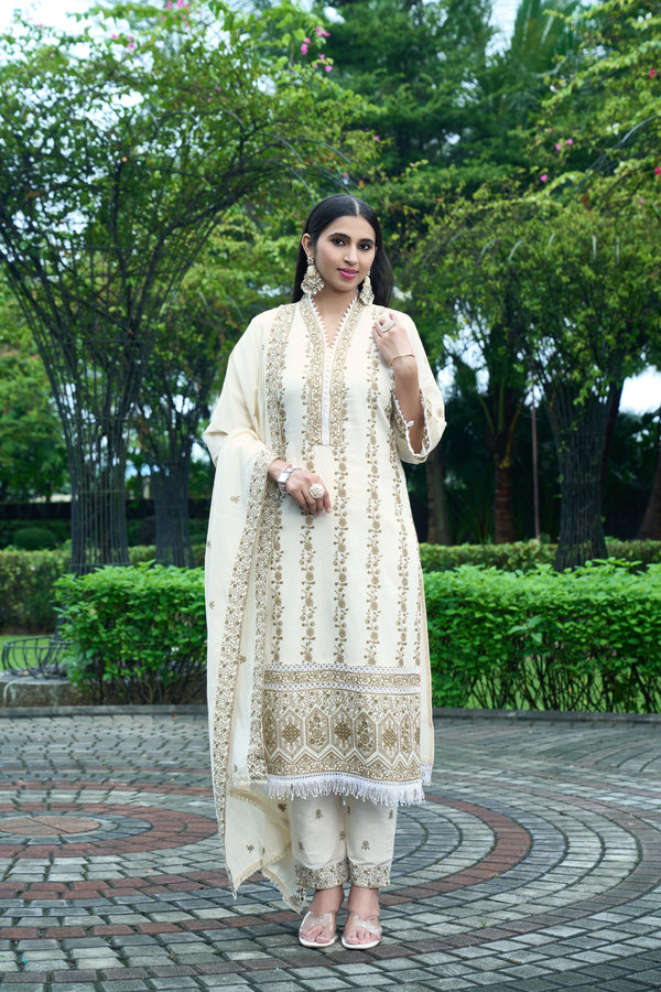 Luxury Hand-Embroidered Cream Kurti with Pant & Dupatta – Wedding & Festive Collection