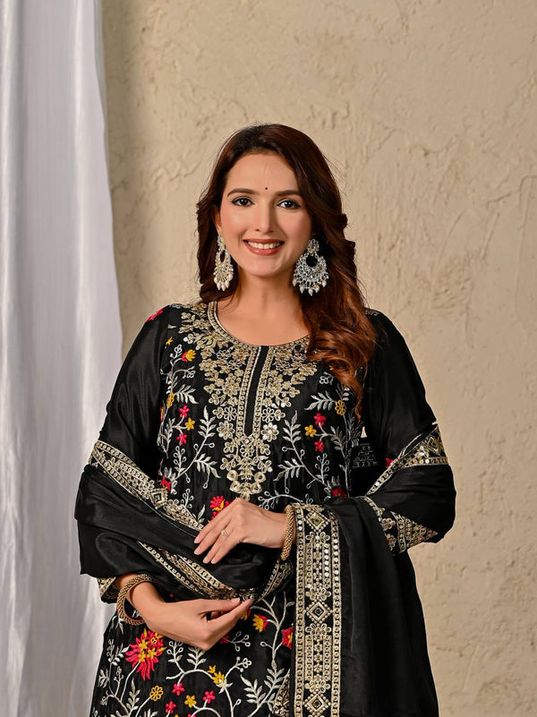 Opulent Noir: Embroidered Silk Suit with Elegant Dupatta Ensemble